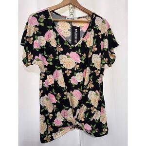 Doublju Womens Floral V-Neck Front Twist Knot Top Black Pink Rose Short Sleeve S